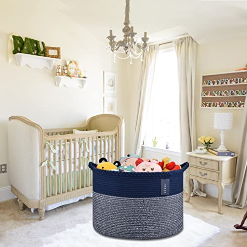 COMSE XXXLarge Woven Blanket & Laundry Basket, 87L, Navy Blue | 21.7" x 13.8", Cotton Rope, Nursery Hamper for Storage of Toys Clothes Towels, Ideal for Living Room Bedroom Bathroom - color: Navy Blue