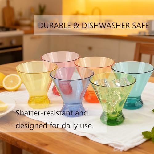 Set of 6 Martini glass 9 oz Stemless Glasses,Heavy Base Stable Cocktail/Drink/Juice/Red Wine Glasses,Fits Ice Cream/Milkshakes,Dishwasher Safe,Ideal Gift for Home Party (Multi color) - color: Multicolor