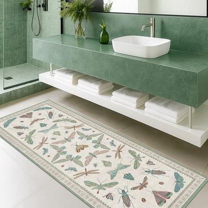 Washable Non Slip Bathroom Runner Rug 2x5, Insect Boho Bath Mat, Stain Resistant Low Pile Butterfly Insect Print Rugs for Laundry Room, Powder Room, Beige Green - color: Beige Green, size: 2' x 5' (Runner)