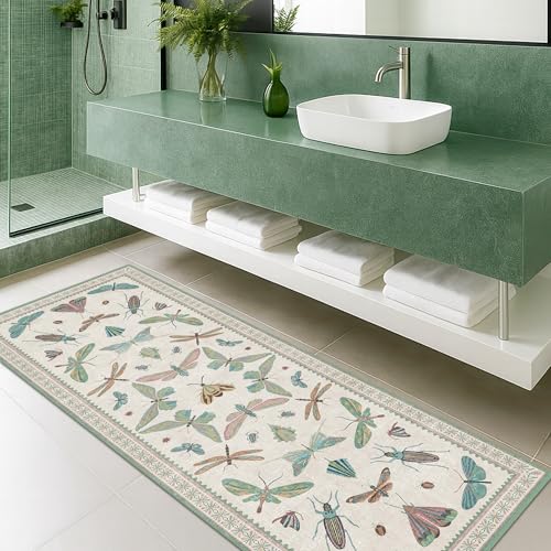 Washable Non Slip Bathroom Runner Rug 2x5, Insect Boho Bath Mat, Stain Resistant Low Pile Butterfly Insect Print Rugs for Laundry Room, Powder Room, Beige Green - color: Beige Green, size: 2' x 5' (Runner)