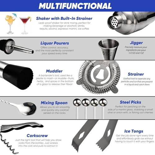 Bartender Kit with Cocktail Shaker, Stylish Bamboo Stand, Liquor Pourers for an Perfect Drink Mixing Experience - 14 Piece Barware Essentials Cocktail Shaker Set (Dark Metallic) - color: Dark Metallic