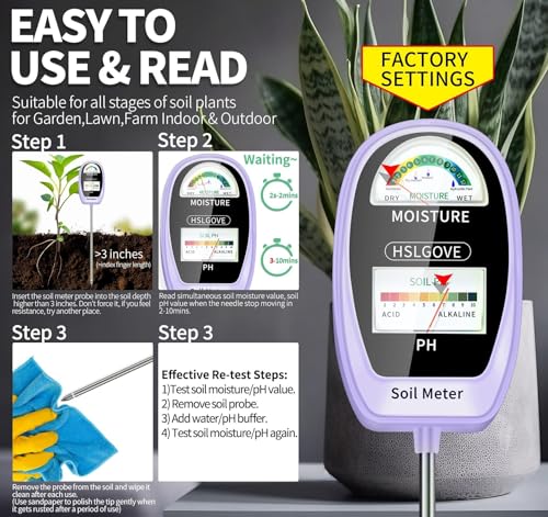 HSLGOVE Soil Test Kit, 2-in-1 Soil Moisture Meter/Soil PH Meter, Dual Screen Soil Tester, Soil Moisture Meter for Plants Watering/Gardening for Lawn,Farm Indoor&Outdoor Use-Lavender Purple
