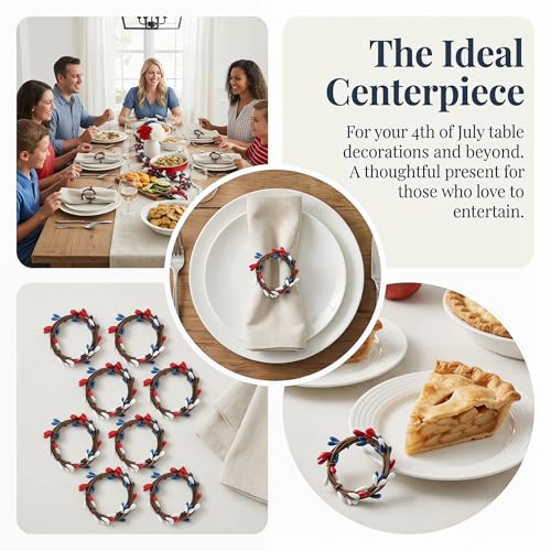 10 Pack Patriotic Napkin Rings for 4th of July Table Decorations, Red White and Blue Napkin Holder Set for Independence Day, USA Flag Theme Table Settings and Memorial Day Decor