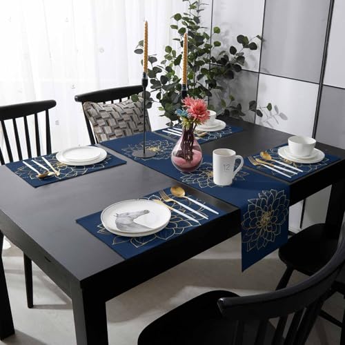 Table Runner and Placemats Set of 4 Abstract Golden Flower Decorative Dining Table Runner with Matching Placemats Floral Blue Modern Art Table Decor for Kitchen Dining Room and Everyday Use 13x70in - size: 13"x70"+4pcs
