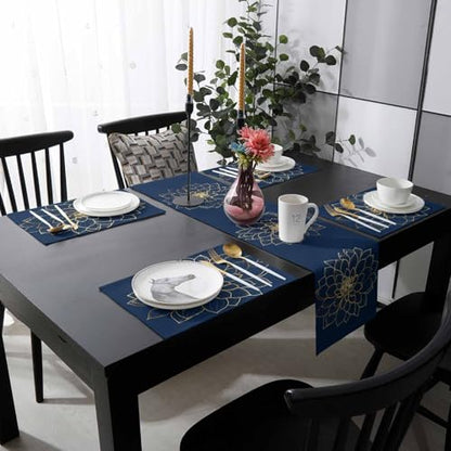 Table Runner and Placemats Set of 4 Abstract Golden Flower Decorative Dining Table Runner with Matching Placemats Floral Blue Modern Art Table Decor for Kitchen Dining Room and Everyday Use 13x90in - size: 13"x90"+4pcs