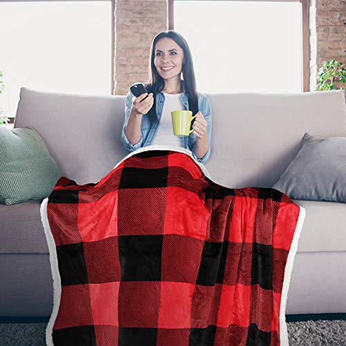 Red Black Plaid Sherpa Blanket, Buffalo Sherpa Throw Blanket, Reversible Super Soft Warm Comfy Fuzzy Snuggly Holiday Throws for Couch Sofa Cabin Decro - color: Checkered