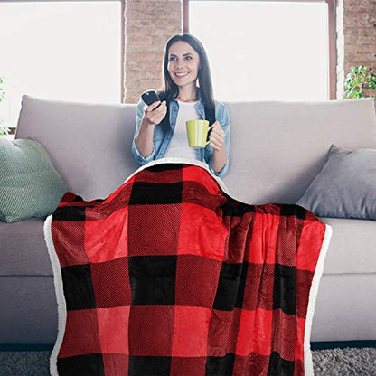 Red Black Plaid Sherpa Blanket, Buffalo Sherpa Throw Blanket, Reversible Super Soft Warm Comfy Fuzzy Snuggly Holiday Throws for Couch Sofa Cabin Decro - color: Checkered