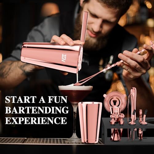 IOV Cocktail Shaker Set: 12-Piece Mixology Bartender Kit Bar Set | 16oz & 28oz Boston Shaker Drink Mixing Tools for Home with Recipe Booklet and Stand | Fun Housewarming Gift (Rose Gold) - color: 12 Pcs - Rose Gold