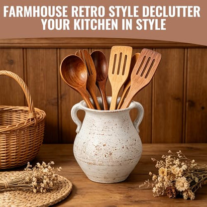 Rustic Ceramic Utensil Holder - 6.69 Inch Farmhouse Utensil Crock with Handles, Distressed Speckled Crock, Large Spatula Organizer for Cooking Tools, Kitchen Decor & Gift