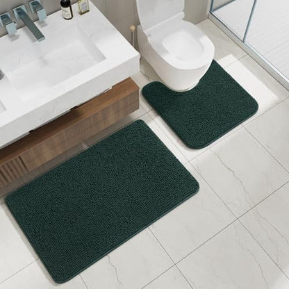 Bathroom Rug Sets 2 Piece, 20"x20" U-Shaped & 21"×34", Hunter Green | Toilet Mat Non Slip Bath Mats Floor Set, Washable Bath Rug Set, Absorbent Soft Bathroom Rug - color: Hunter Green