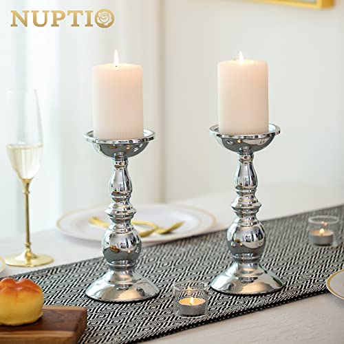 Nuptio Silver Pillar Candle Holders, Wedding Centerpieces Metal Candle Holder for 3 inches Candles Stand Decoration Ideal for Weddings Special Events Parties Living Room, 2 Pcs | (2 x L) Metal Candle Stand Decoration Ideal for Weddings Special Events Part