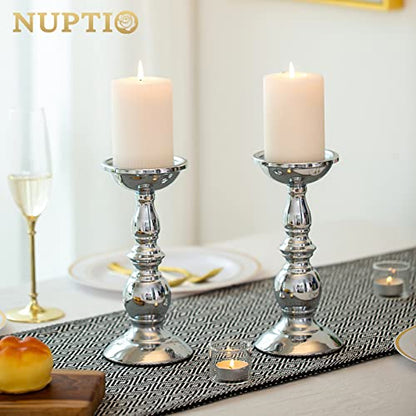 Nuptio Silver Pillar Candle Holders, Wedding Centerpieces Metal Candle Holder for 3 inches Candles Stand Decoration Ideal for Weddings Special Events Parties Living Room, 2 Pcs | (2 x L) Metal Candle Stand Decoration Ideal for Weddings Special Events Part