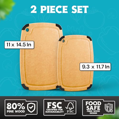Dishwasher Safe Cutting Boards for Kitchen - Set of 2 Composite Wood Chopping Boards with Juice Groove, Non-Slip Grips, Non-Porous Surface, Heat Resistant Up to 350°F (14.5 x 11 and 11.7 x 9.3 Inch) - color: Natural
