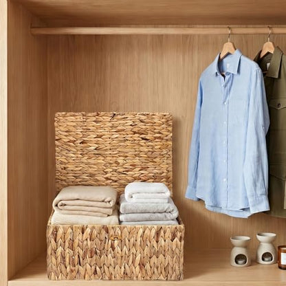Water Hyacinth Storage Baskets Large Wicker Basket with Lid Woven Decorative Box for Shelf Pantry Laundry, Home Organizer, 17x13.2x7 Inch - size: 17"L x 13.2"W x 7H