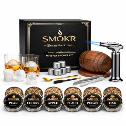 Whiskey Smoker Kit – Premium Infuser Set, 2 Glasses, 2 Ice Ball Molds, 6 Stainless Stones, 6 Wood Chips Flavors & Torch – Old Fashioned Drink Cocktail Lovers, Gift Men Dad (No Butane)