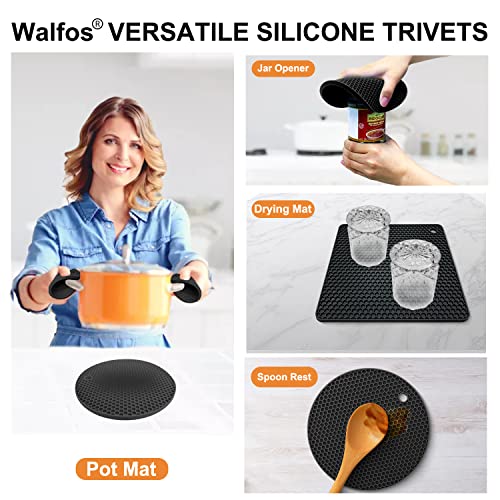 Walfos Silicone Trivet Mats - 4 Heat Resistant Pot Holders, Multipurpose Non-Slip Hot Pads for Kitchen Potholders, Hot Dishers, Jar Opener, Spoon Holder, Food Grade Silicone & BPA Free (Nordic Blue) - style: 7.1+7in, 4 Nordic Blue Round + Rectangle