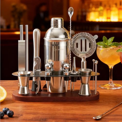 23-Piece Cocktail Shaker Set with Stand, 304 SS, Bartender Kit Gift | Complete Home Bar Set: Leak-proof Shaker, Jigger, Muddler, 18/8 Steel, Gift for beginners, cocktail lovers & house parties - color: chocolate-y