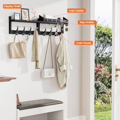 Evermagin 35" Coat Rack Wall Mount with Shelf & 13 Hooks, Entryway, Black | Wooden Wall Mounted Coat and Key Rack with Hooks, Key Hanger with Mail Holder for Living Room, Mudroom, Bedroom - color: Black, size: 35 inch