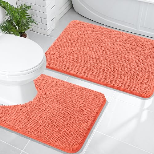 OLANLY Chenille Bathroom Mat and Toilet Rugs U-Shaped, Bath Mat Size 30x20 and Bathroom Rugs Sets Size 30x20+24x20 in Coral, 3 Item Bundle
