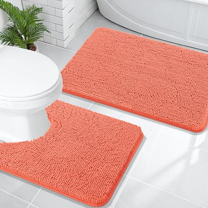 OLANLY Chenille Bathroom Mat and Toilet Rugs U-Shaped, Bath Mat Size 30x20 and Bathroom Rugs Sets Size 30x20+24x20 in Coral, 3 Item Bundle