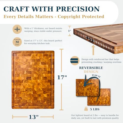 Bearchop Acacia Wood Cutting Board for Kitchen, Wooden Butcher Block with 4-Side Reinforced Bar for Anti Crack/Warp, [17"x13"x1"] Medium End Grain Cutting Boards with Gift Box, Juice Groove, Handle