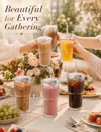 20 oz Ribbed Glass Tumblers with Lids and Straws, Clear, Set of 4 | Thick Reusable Iced Coffee Cups Leak-proof, Reusable Drinking Glasses for Cold & Hot Beverages, Fits Car Cup Holder Travel