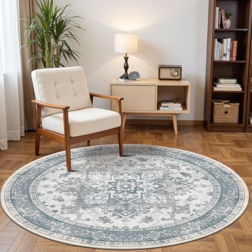 Blue Round Rug for Bedroom, Vintage Circle Rug(4ft) | Machine Washable, Non-Slip, Stain Resistant Low Pile Carpet with Rubber Backing for Dining Room Kitchen Home Decor - color: Blue & Grey, size: 4' (Round)