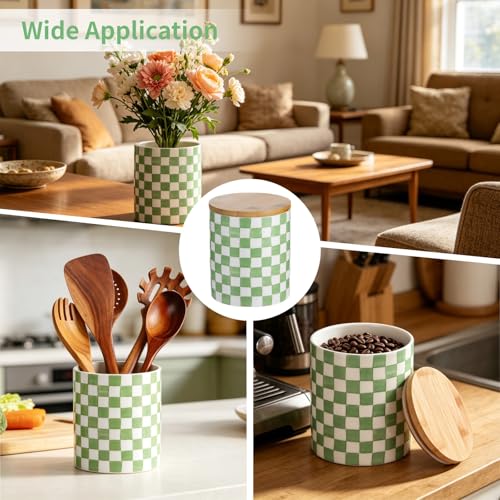 Green and White Checkered Utensil Holder, Painted Ceramic Kitchen Countertop Storage Jar with Sealed Lid, Kitchen Organizer for Spatulas & Coffee Beans, Long-Lasting & Easy Clean, Medium Size