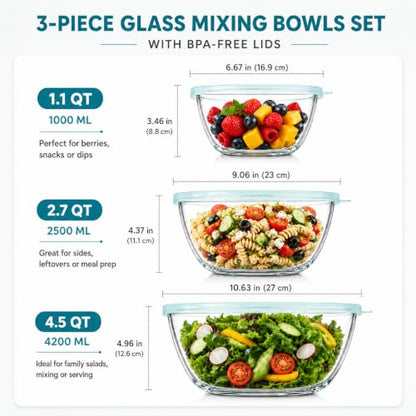 Luvan Glass Mixing Bowls with Lids Set(4.5QT, 2.7QT, 1.1QT)-Large Glass Mixing Bowls, Clear Salad Bowl for Baking, Cooking, Serving, Food Prep, 3PC Nesting Bowls for Kitchen Storage & Dishwasher Safe - color: 3 Pack Clear Blue