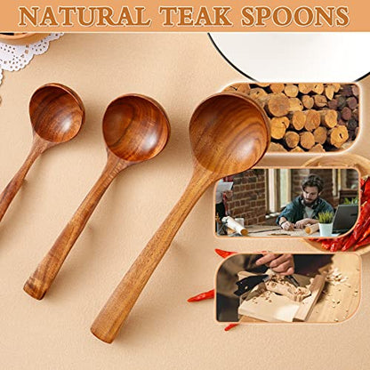 3Pcs Wooden Ladle for Soup, 3Size Natural Teak Wooden Cooking Spoons, Wood Soup Spoon for Serving, Stirring, Non-Stick Heat-Resistant, Kitchen Spoon Sets for Mom and Wife Cooking Gifts - style: Rustic, Natural