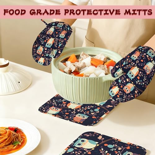 Cute Owl Heat-Resistant Silicone Oven Mitts and Pot Holders 4 Piece Set,Extra Long Non-Slip Kitchen Oven Gloves for Cooking, Baking, BBQ,Grilling - color: Cute Owl