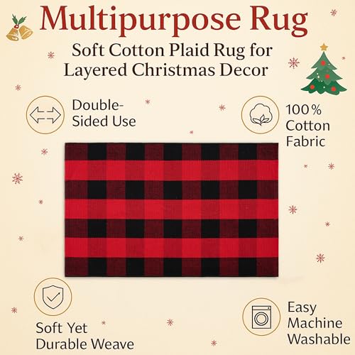 Christmas Door Mat Combo Set - 100% Coco Coir Welcome Mat + 28 x 43 Inch Red and Black Plaid Rug, New Year Holiday Christmas Collection Doormat for Front Porch Entryway Decor