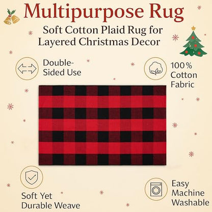 Christmas Door Mat Combo Set - 100% Coco Coir Welcome Mat + 28 x 43 Inch Red and Black Plaid Rug, New Year Holiday Christmas Collection Doormat for Front Porch Entryway Decor