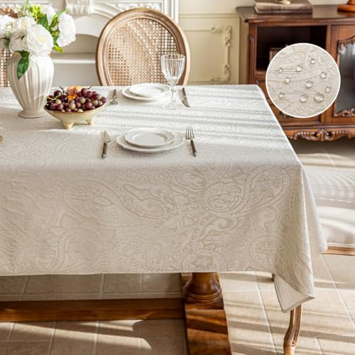 Jacquard Rectangle Tablecloth, Beige, 57 x 70 Inch | Waterproof, Elegant Damask Curly Floral Pattern, Washable, Decorative Table Cover for Kitchen/Dining/Parties - color: Beige