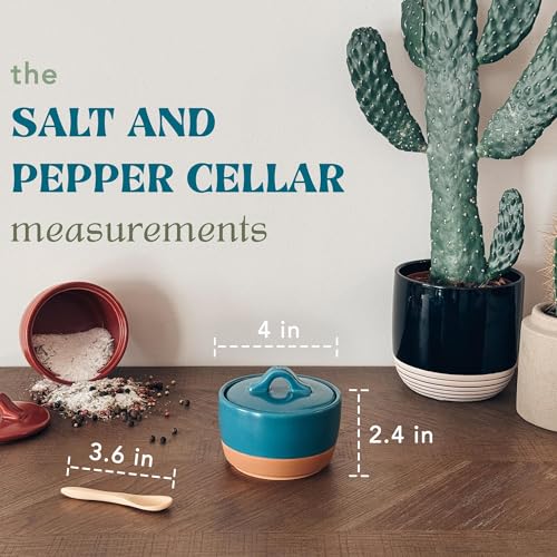Mora Ceramic Salt and Pepper Cellar Set with Lid - 10 oz Modern Canister/Container/Bowl for Storage, Sea Salt, Spice, Sugar, Countertop - Small Dish/Jar with Wood Spoon, Azure Blue & Crimson Red Crock - color: Azure Blue & Crimson Red