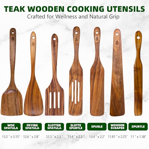 7 Pcs Teak Wooden Utensil Set, Wooden Spoons for Cooking | Non-Toxic & Nonstick Safe Kitchen Utensil, Durable Comfort Grip， Heat Resistant Wood Spatula Set - size: 7 Pieces Set