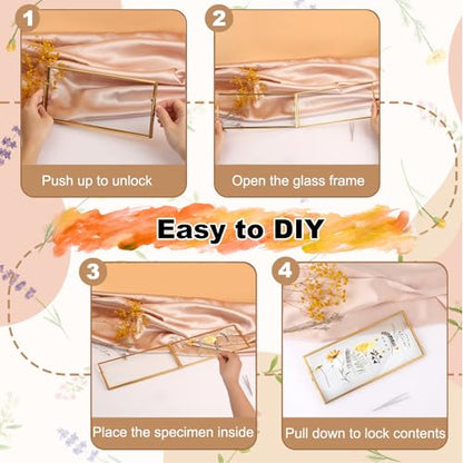 Double-Glass Dried Flower Frame, Brass Floating Frames for Pictures, Pressed Flowers, Leaves, Arts, Stamps, 4x 9 inches Decorative Tabletop Display Holder for Home Plant Specimen (FRAME ONLY)