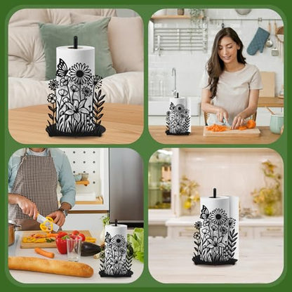 Wildflower Kitchen Countertop Paper Towel Holder Decorative Paper Towel Holder Black Metal Tissue Stand Kitchen Decor Accessories for Home Party Bathroom Countertop Dining Table - style: Wildflower