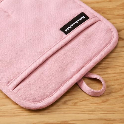 KITCHENAID Gourmet Series Gridlines Pot Holders 2-Pack Set, Heat Resistant up to 600°F, Soft Silicone Grip, Magnetic Cuff, Dried Rose, 8"x8" - color: Dried Rose