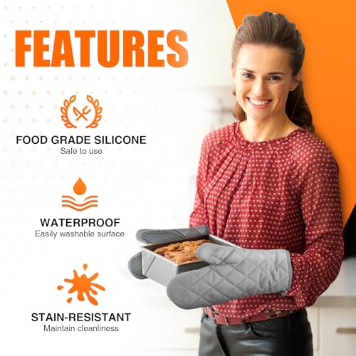 Silicone Oven Mitts, Heat Resistant 2PCS Oven Mitts with Soft Cotton Lining, Waterproof Non-Slip Grip Oven Glove, Kitchen Potholder Mits for BBQ, Baking, Cooking, 10.5Inch - Dark Grey - color: Dark Grey