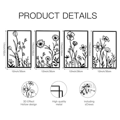 4 Pieces Abstract Black Metal Flowers Wall Sculptures for Home Decor, Contemporary Floral Wall Art Set, Modern Black Line Wall Hanging Decorations for Bedroom Living Room Bathroom,12 x 17 Inches