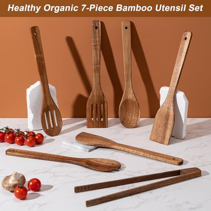 Eisinly Wooden Spoons for Cooking 7-Piece, Kitchen Nonstick Wood Cooking Utensils Set, Durability Wooden Spatula Spoon for Everyday Use, Brown - color: Brown-Wood, style: Square-edge