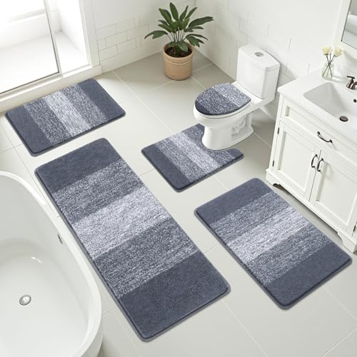 Bsmathom Bathroom Rug Set 5 Piece, Plush Microfiber Bath Mat, Dark Grey | Extra Water Absorbent, Non Slip Washable Runner Bath Rugs with Toilet Lid Cover and U-shaped Contour Toilet Mat - color: Dark Grey, size: 18"x26"+20"x31"+20"x48"+U20"x24"+Cover19"x2