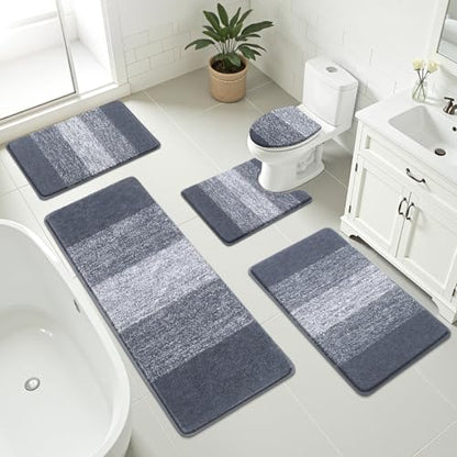 Bsmathom Bathroom Rug Set 5 Piece, Plush Microfiber Bath Mat, Dark Grey | Extra Water Absorbent, Non Slip Washable Runner Bath Rugs with Toilet Lid Cover and U-shaped Contour Toilet Mat - color: Dark Grey, size: 18"x26"+20"x31"+20"x48"+U20"x24"+Cover19"x2