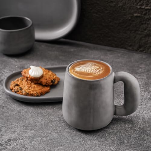 Uaral Ceramic Large Coffee Mugs,Pottery Coffee Mug Set with jumbo handle,Handmade mugs for Coffee,Latte,Milk,Cocoa or Tea,20oz,Set of 2(Dark Gray) - color: Ardoise(Dark Grey)