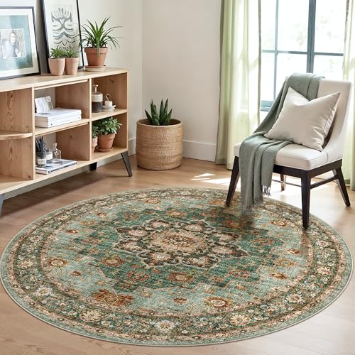 Oriental Washable Round Area Rug: 5ft Non-Slip Round Rugs Soft Carpets | Ultra-Thin Low Pile Throw Circle Carpet Waterproof Floral Vintage Distress Carpet for Living Room Bedroom Kitchen Nursery - color: Green, size: 5' (Round)