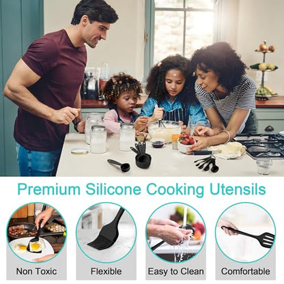 E-far Silicone Cooking Utensils Set, 25 Piece Kitchen Utensils with Holder, Non Toxic Kitchen Tools Spatula, Turner, Spoon, Ladle for Nonstick Cookware, Heat Resistant & Dishwasher Safe - Black - color: Black