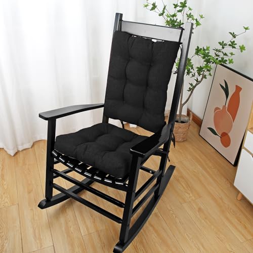 BUYUE Chair Cushion Set for Rocking Chair, Back Pillow & Seat Cushion with Ties, Original Woven Fabric Non-Slip Chair Pads for Elderly Sitting, Black - color: Black