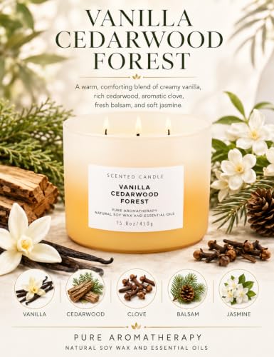 Vanilla Cedarwood Forest 3 Wick Soy Scented Candle for Men & Women, 15.8oz | Balsam, Fir & Clove Notes, Aromatherapy, Warm & Woody, Clean Burn, Fall & Winter, Home & Office, Birthday & Housewarming Gift