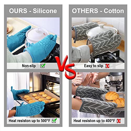 KEGOUU Oven Mitts and Pot Holders 6pcs Set, Kitchen Oven Glove High Heat Resistant 500 Degree Extra Long Oven Mitts and Potholder with Non-Slip Silicone Surface for Cooking (Sky Blue) - color: Sky Blue